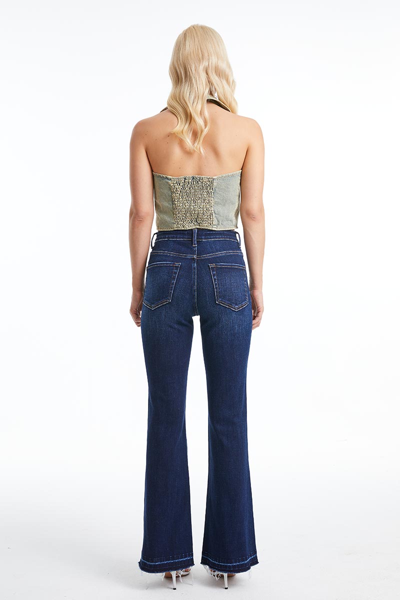 HIGH RISE FLARE LEG JEANS WITH RAW HEM BYF1110 DB by Bayeas