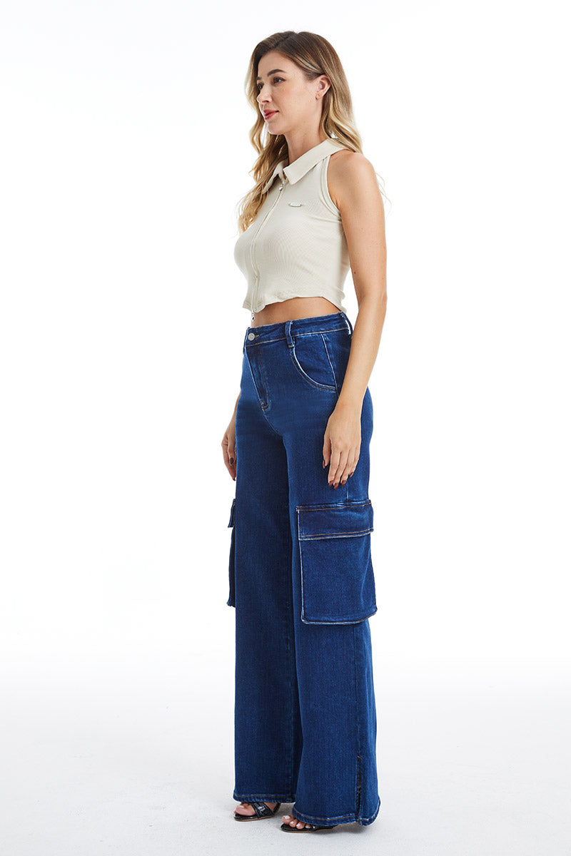 HIGH RISE WIDE LEG FLARE JEANS BYW8105 DB by Bayeas