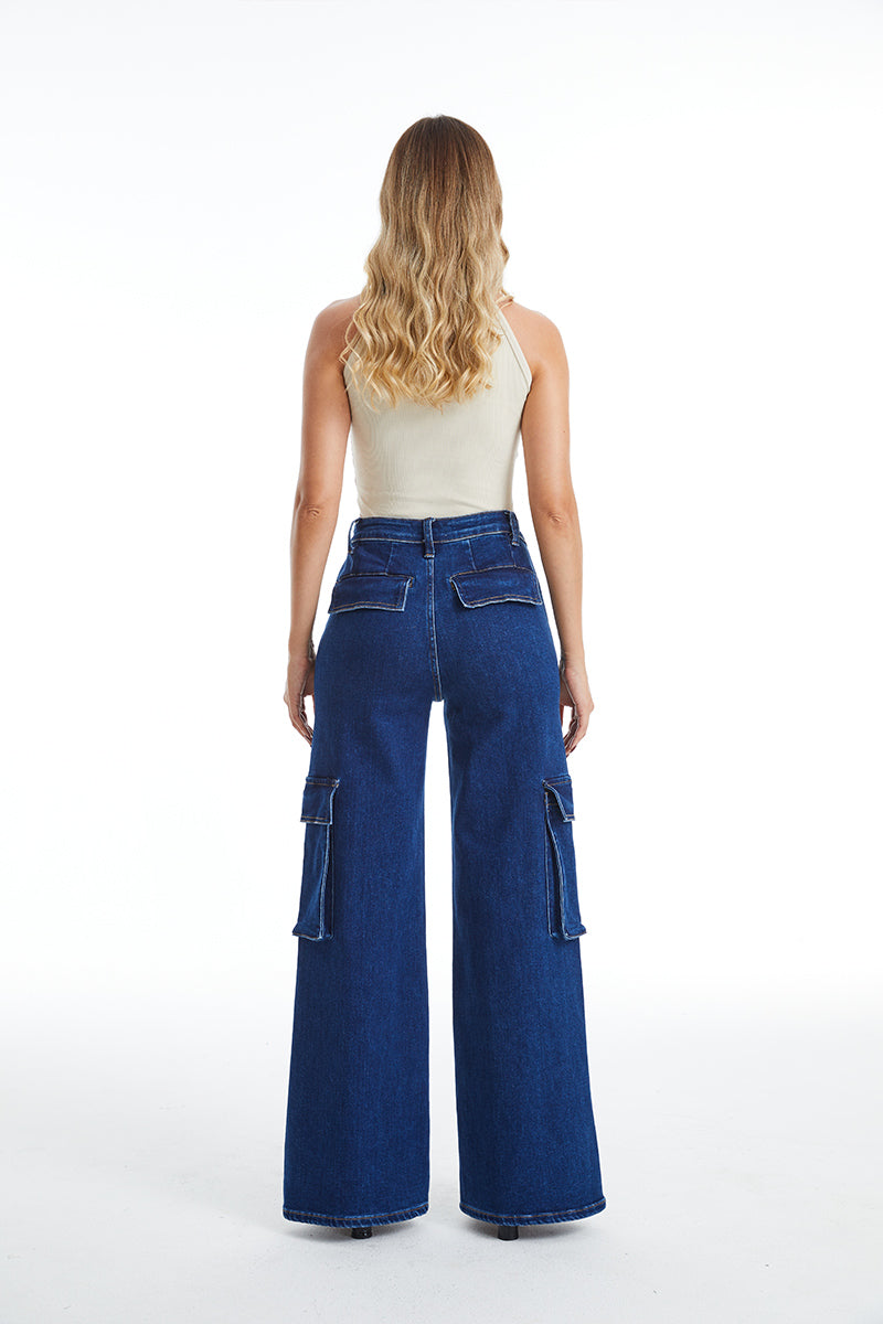 HIGH RISE WIDE LEG FLARE JEANS BYW8105 DB by Bayeas