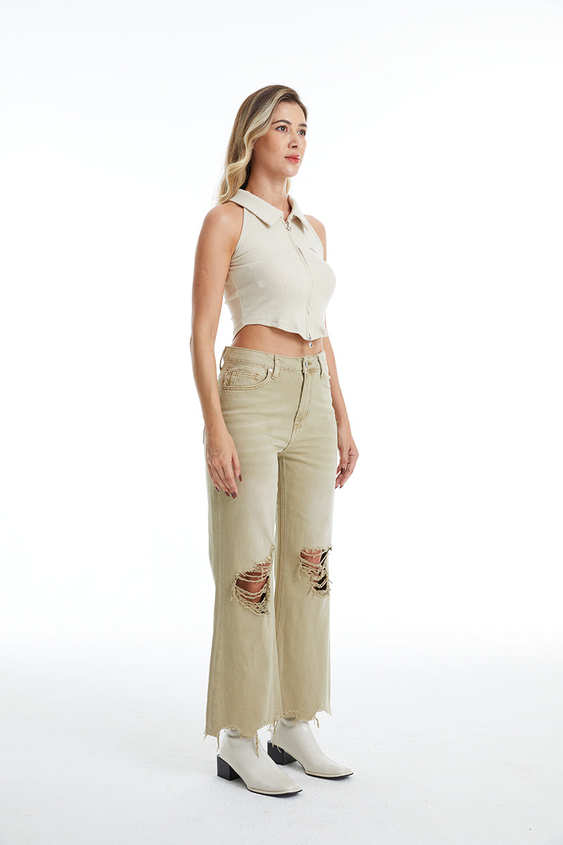 HIGH RISE VINTAGE CROP FLARE BYF1103 KHAKI by Bayeas