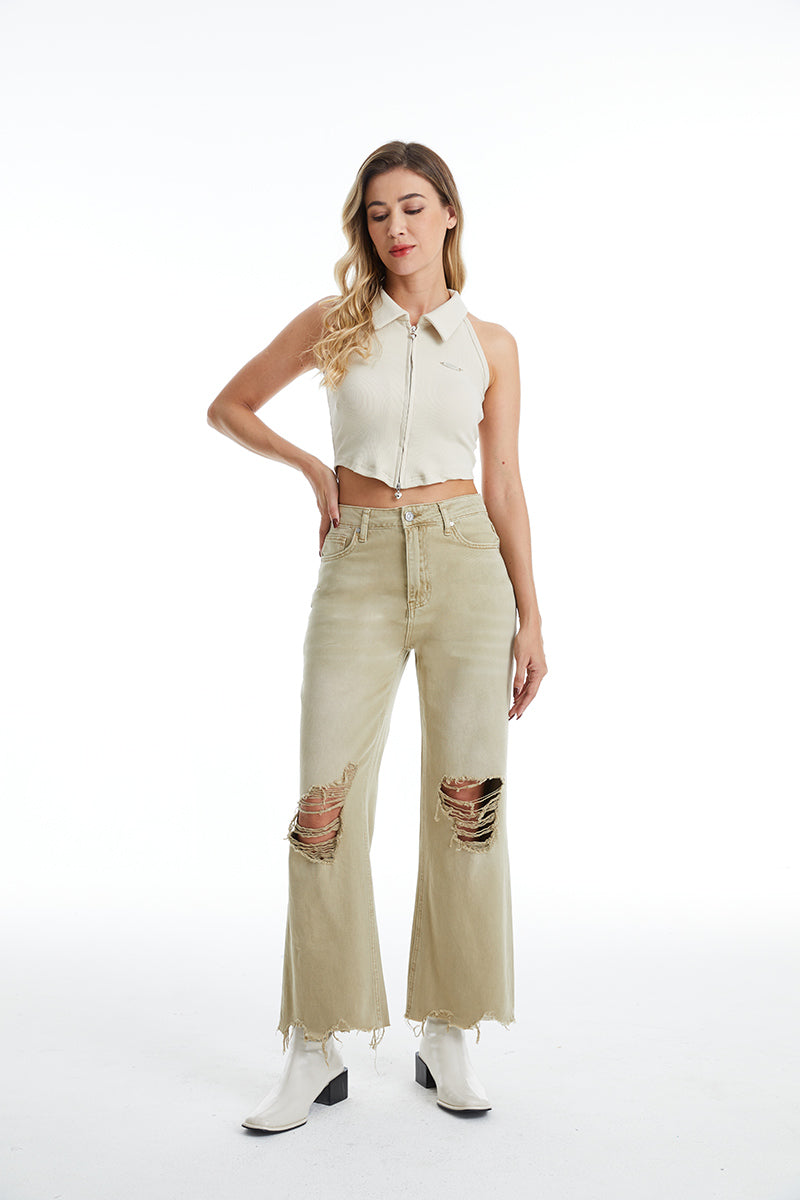 HIGH RISE VINTAGE CROP FLARE BYF1103 KHAKI by Bayeas