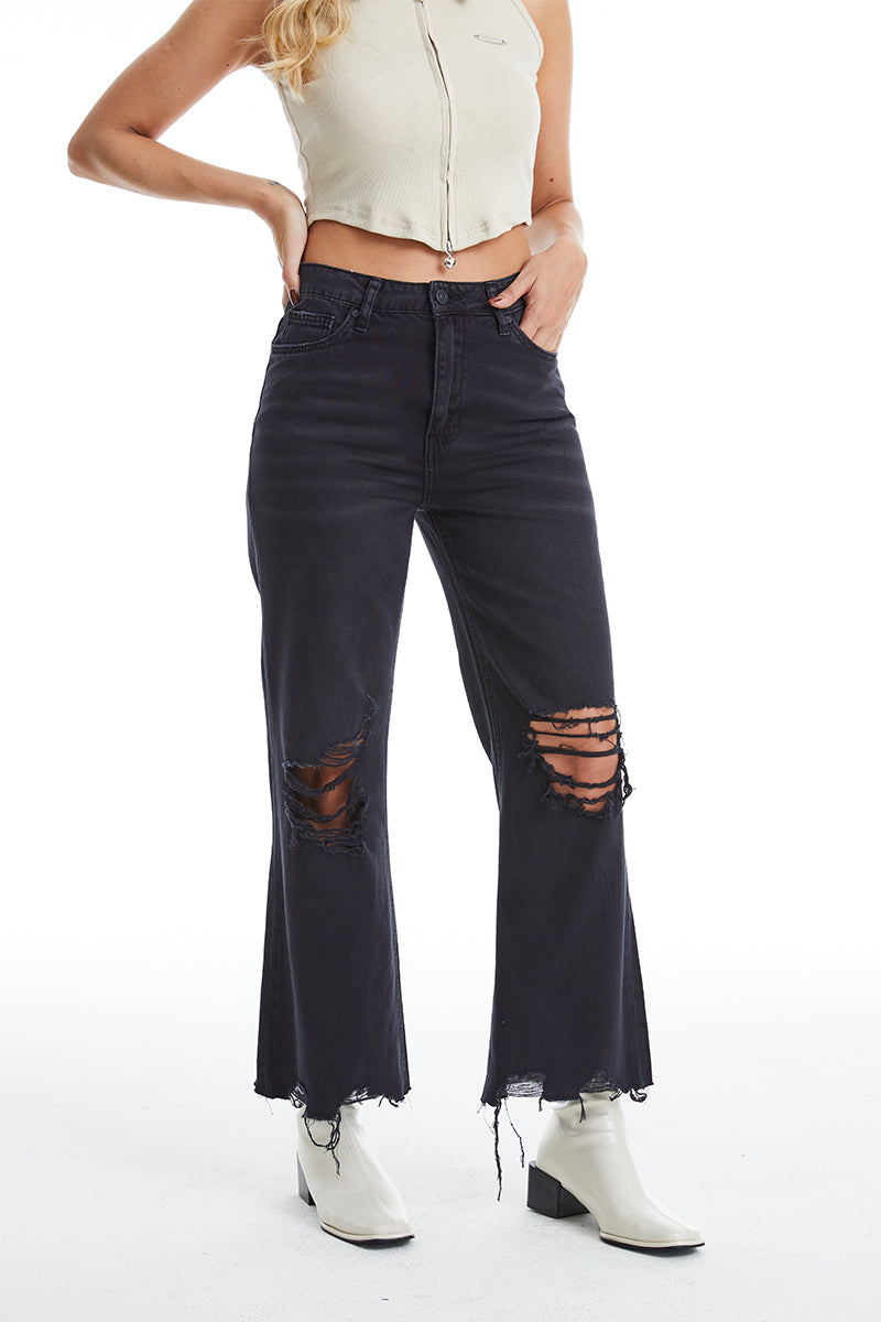 HIGH RISE VINTAGE CROP FLARE JEANS BYF1103 BLACK by Bayeas