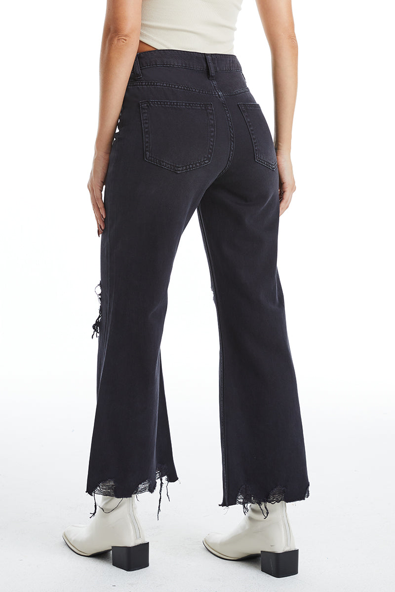 HIGH RISE VINTAGE CROP FLARE JEANS BYF1103 BLACK by Bayeas