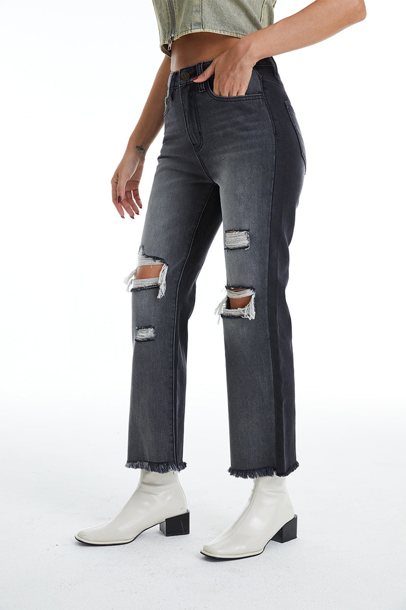 HIGH RISE TWO TONE STRAIGHT JEANS BYT5120-1 by Bayeas