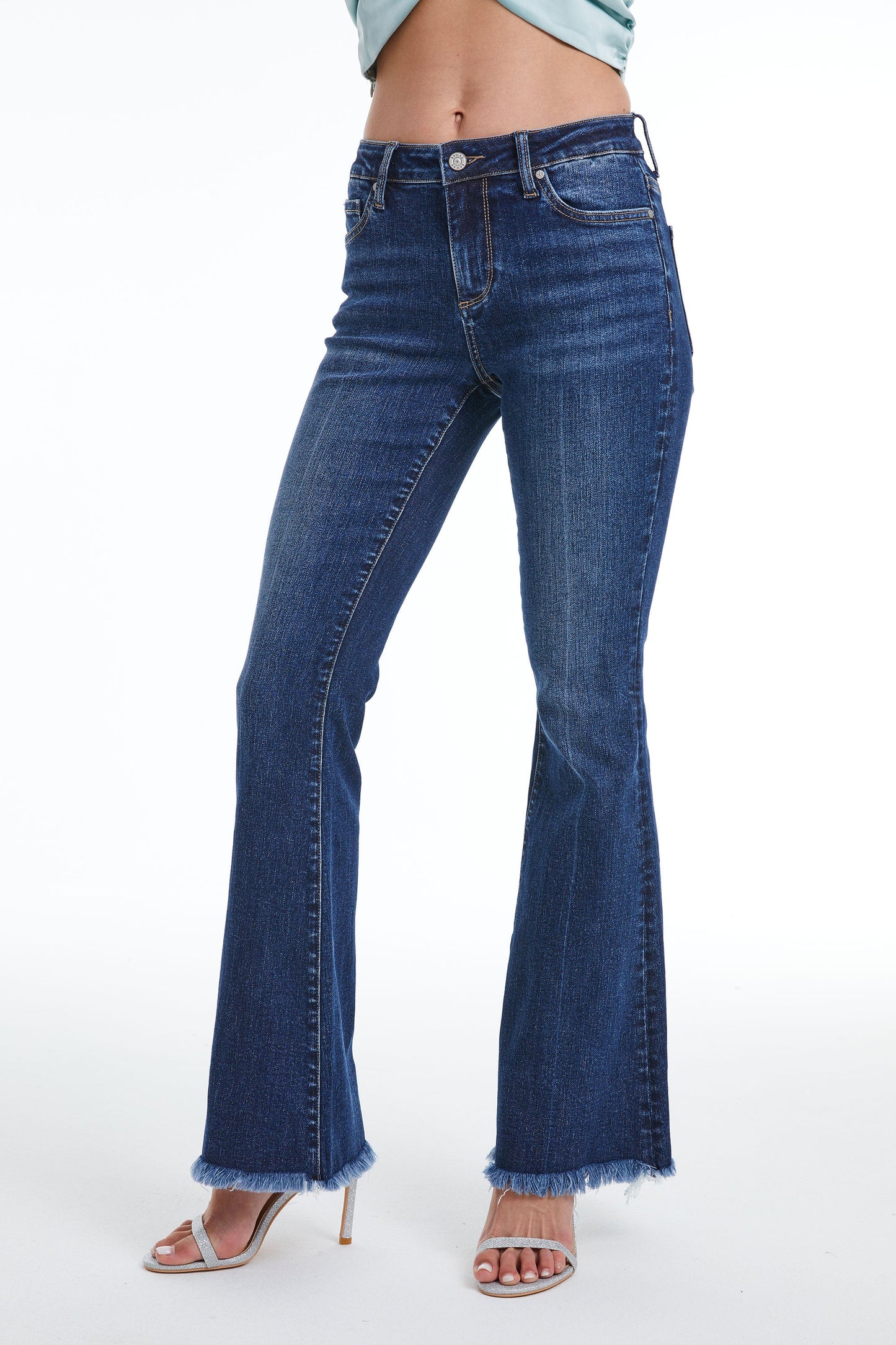 HIGH RISE FLARE JEANS WITH FRAYED HEM BYF1119 by Bayeas