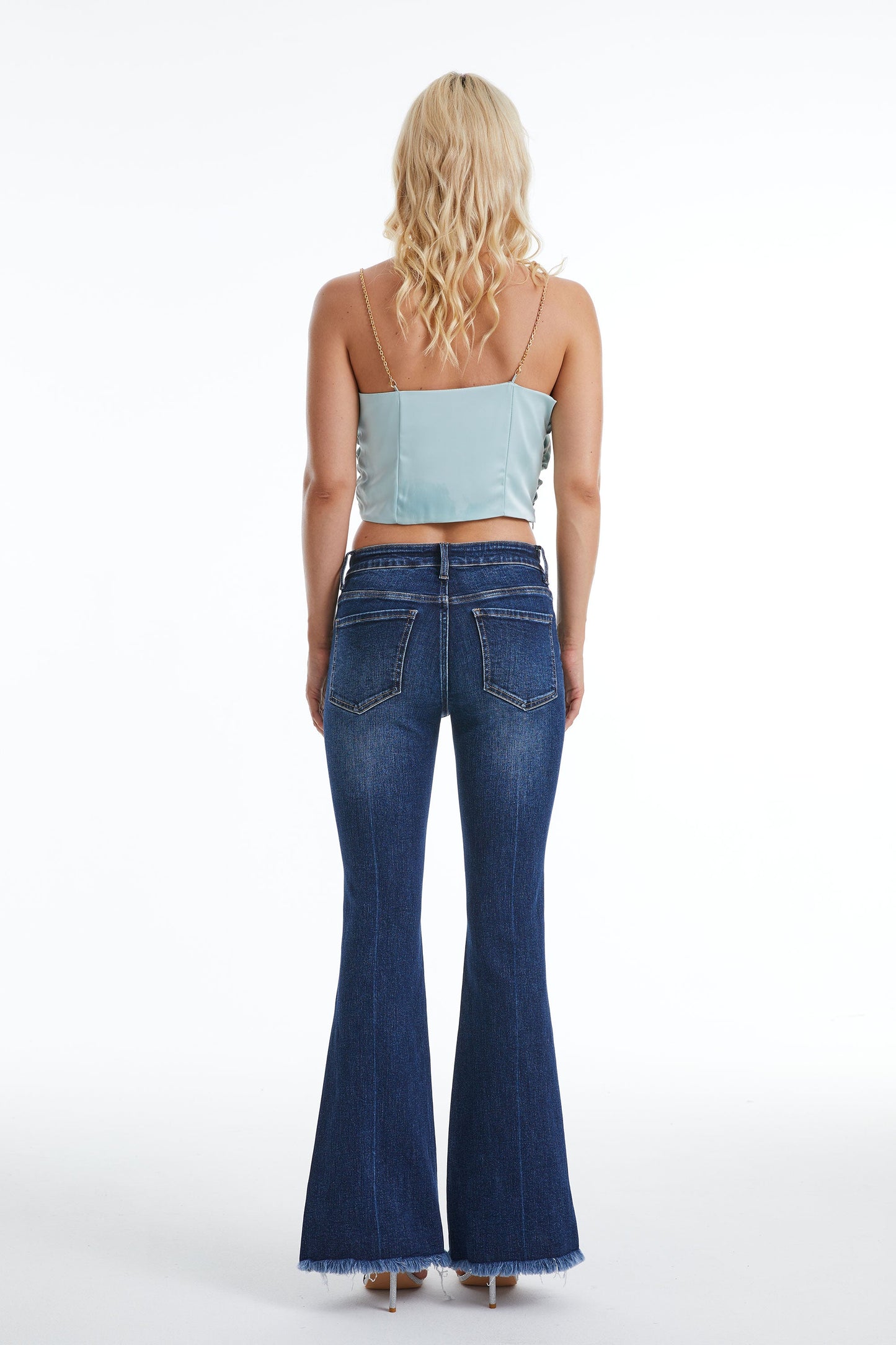 HIGH RISE FLARE JEANS WITH FRAYED HEM BYF1119 by Bayeas