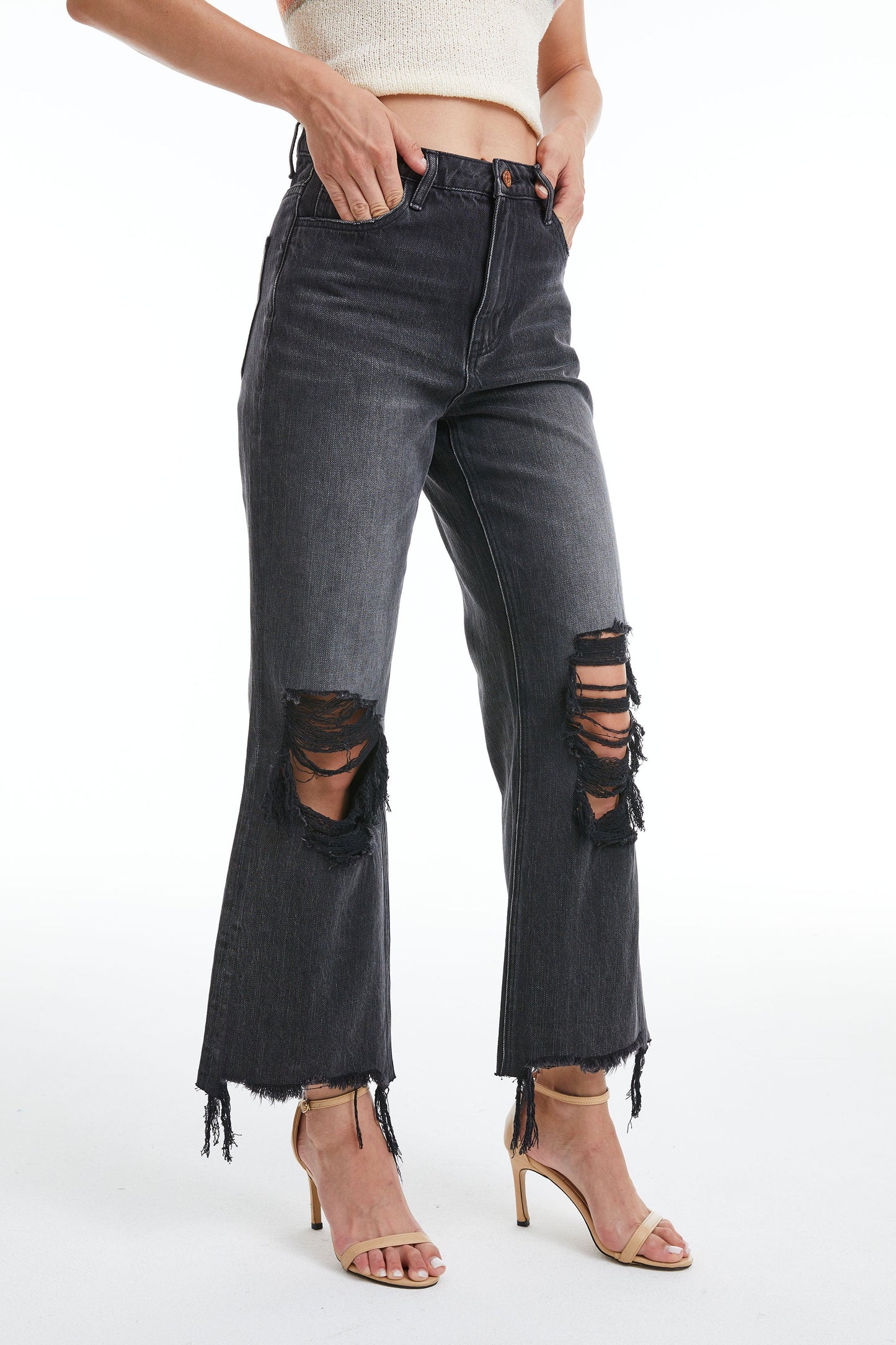 HIGH RISE 90'S VINTAGE CROP FLARE JEANS BYF1107 by Bayeas