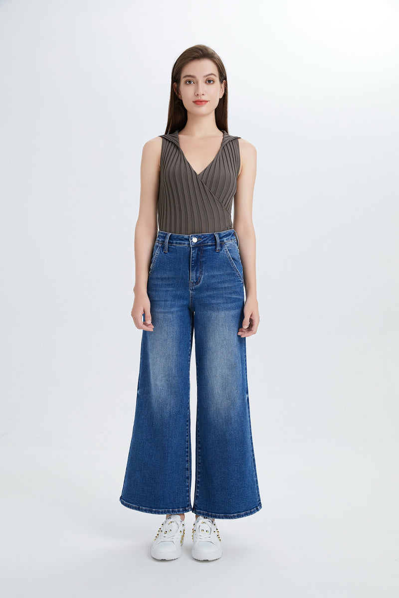 HIGH RISE CARPENTER WIDE FLARE JEANS BYW8085 SWEET by Bayeas