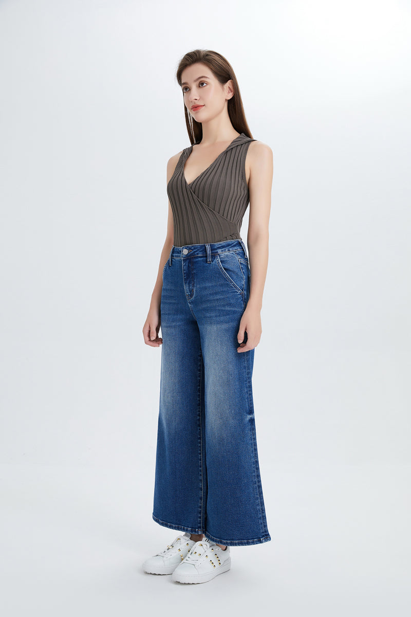 HIGH RISE CARPENTER WIDE FLARE JEANS BYW8085 SWEET by Bayeas