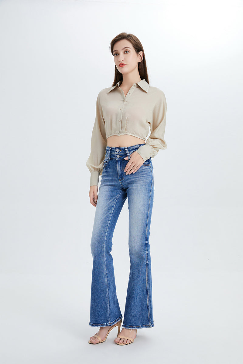 HIGH RISE FLARE JEANS WITH CLEAN HEM BYF1074 by Bayeas