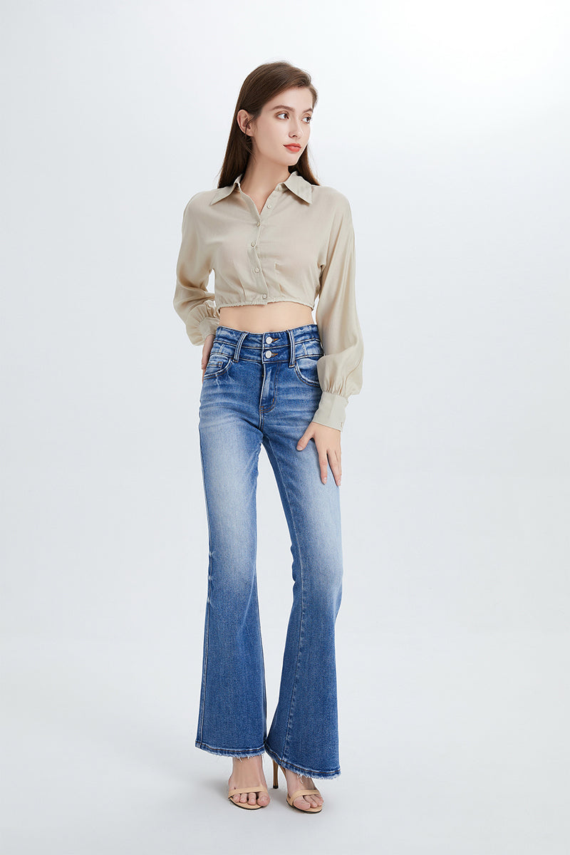 HIGH RISE FLARE JEANS WITH CLEAN HEM BYF1074 by Bayeas