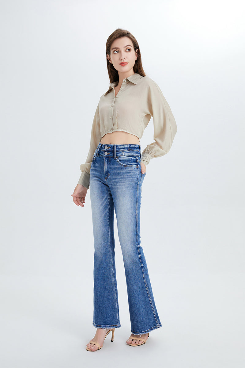 HIGH RISE FLARE JEANS WITH CLEAN HEM BYF1074 by Bayeas