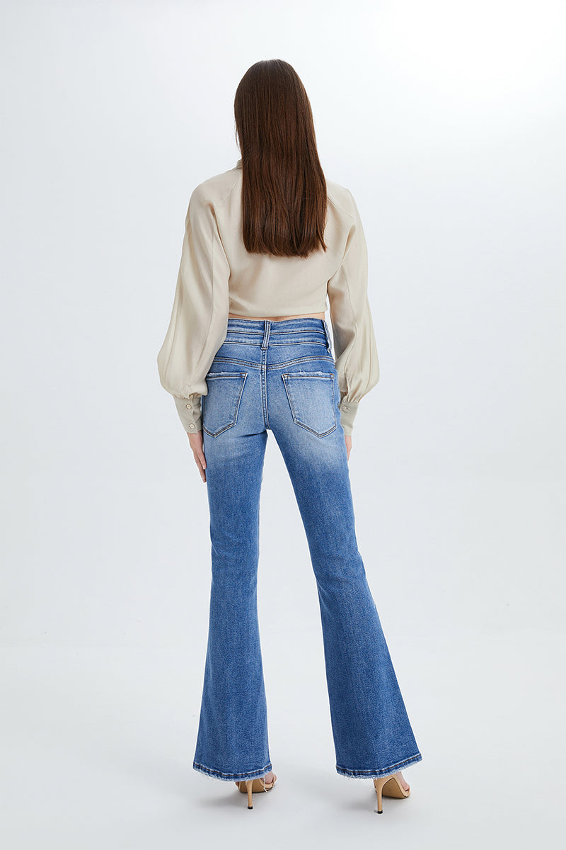 HIGH RISE FLARE JEANS WITH CLEAN HEM BYF1074 by Bayeas