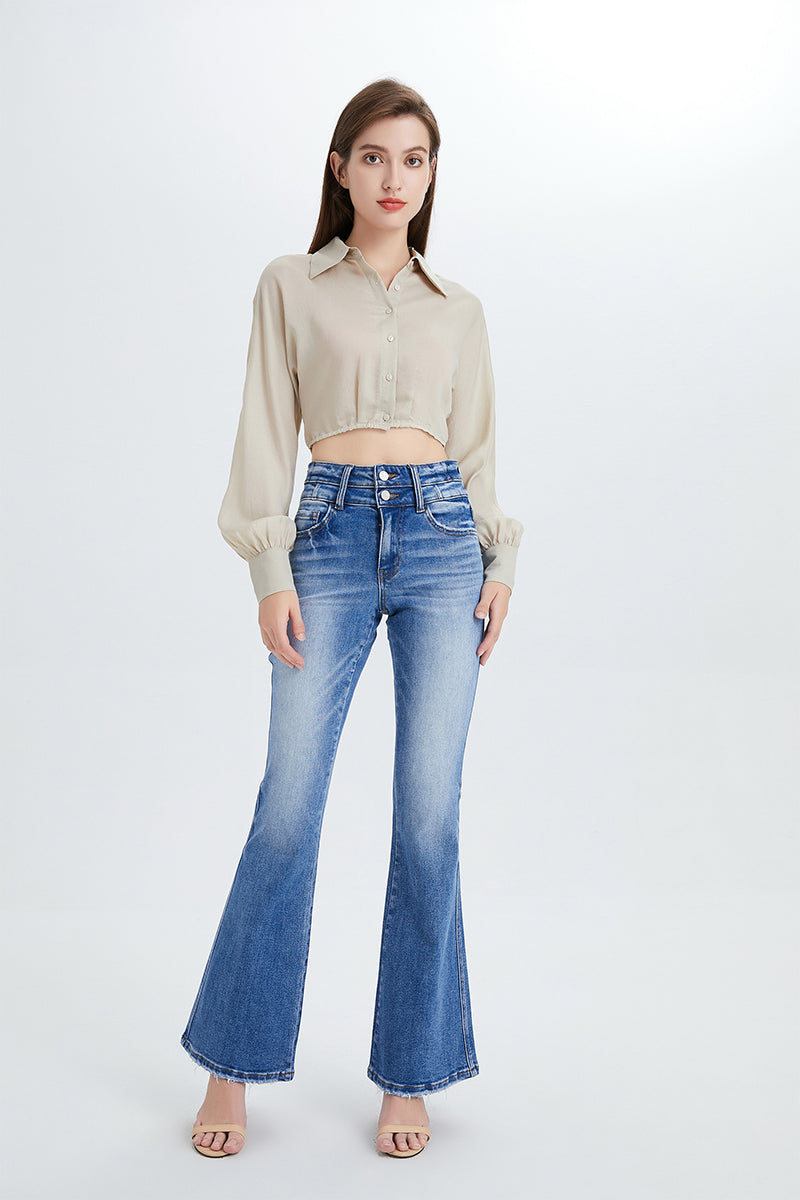 HIGH RISE FLARE JEANS WITH CLEAN HEM BYF1074 by Bayeas