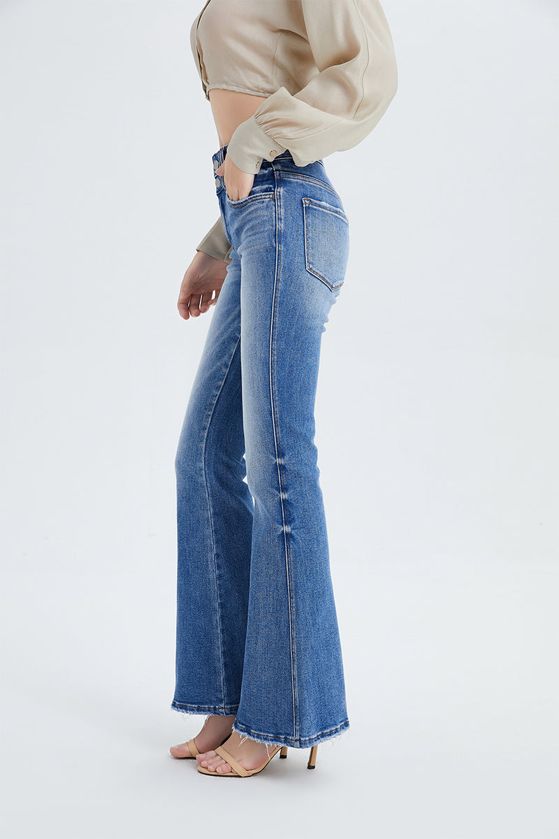 HIGH RISE FLARE JEANS WITH CLEAN HEM BYF1074 by Bayeas