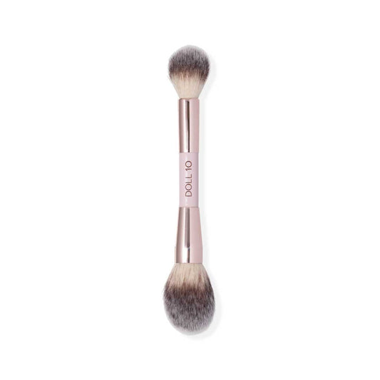 double ended brush with pink handle and rose gold accents - both ends are for powder application. 