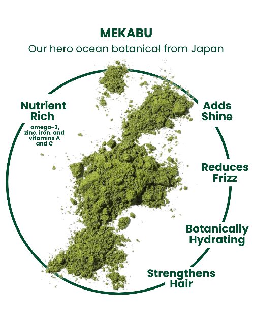 Green powder labeled 'MEKABU' with text highlighting its benefits on a white background.