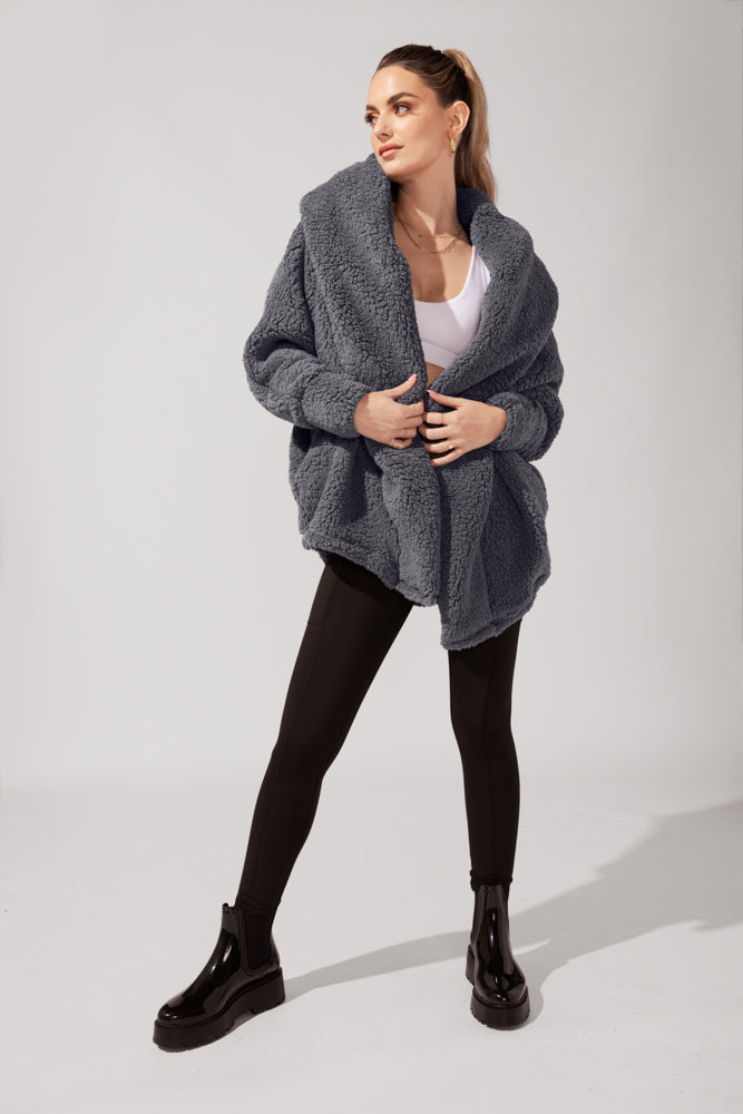 Faux Sherpa Cocoon Coat - Cool Grey by POPFLEX®