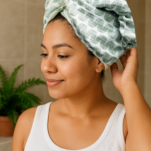 Woman wearing a green patterned towel on her head with a neutral background