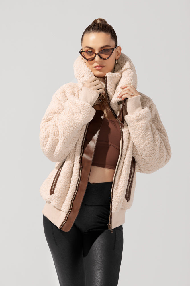 The Kinsley Bomber Jacket in Faux Sherpa - Taupe by POPFLEX®