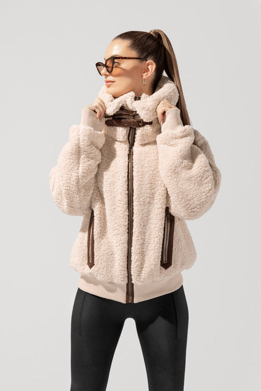 The Kinsley Bomber Jacket in Faux Sherpa - Taupe by POPFLEX®