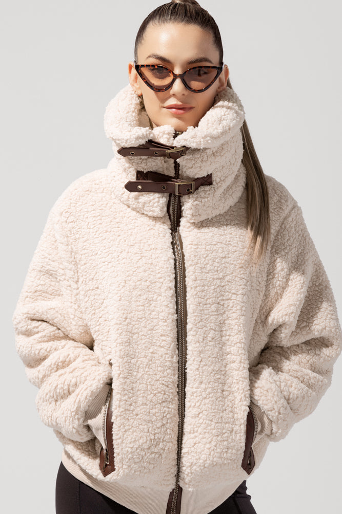 The Kinsley Bomber Jacket in Faux Sherpa - Taupe by POPFLEX®