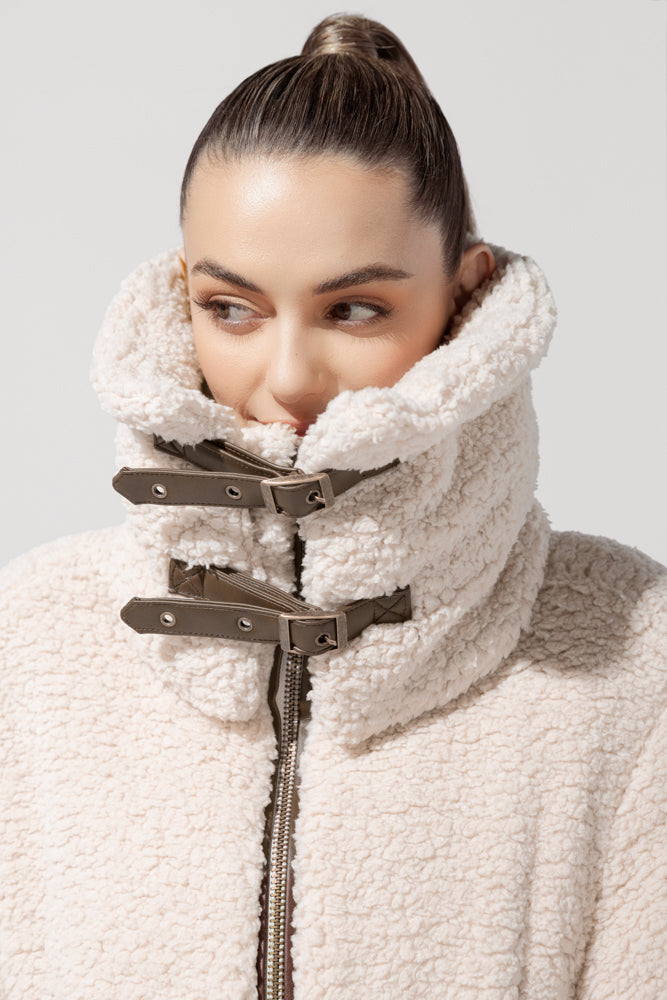 The Kinsley Bomber Jacket in Faux Sherpa - Taupe by POPFLEX®