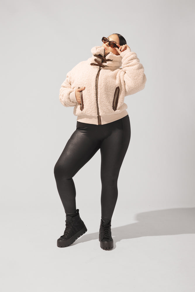 The Kinsley Bomber Jacket in Faux Sherpa - Taupe by POPFLEX®