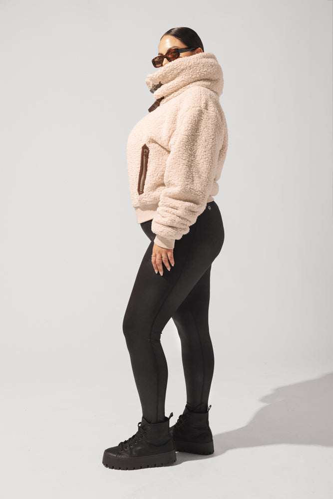 The Kinsley Bomber Jacket in Faux Sherpa - Taupe by POPFLEX®