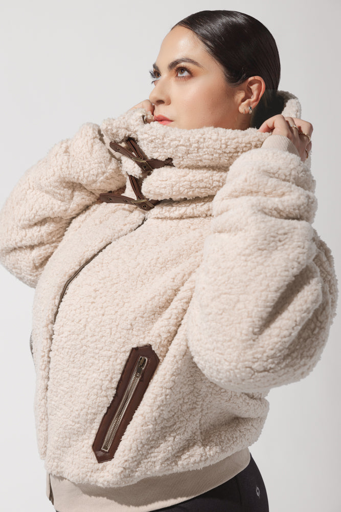 The Kinsley Bomber Jacket in Faux Sherpa - Taupe by POPFLEX®