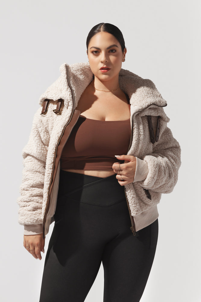 The Kinsley Bomber Jacket in Faux Sherpa - Taupe by POPFLEX®