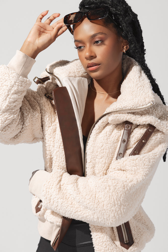 The Kinsley Bomber Jacket in Faux Sherpa - Taupe by POPFLEX®