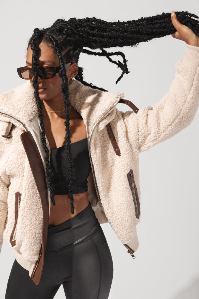 The Kinsley Bomber Jacket in Faux Sherpa - Taupe by POPFLEX®