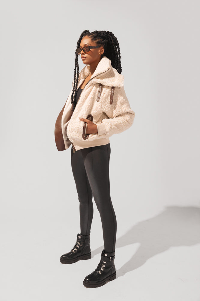 The Kinsley Bomber Jacket in Faux Sherpa - Taupe by POPFLEX®