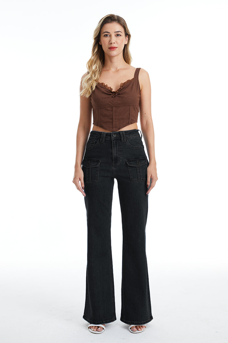 HIGH RISE RELAXED FLARE WITH FRONT CARGO POCKETS BYF1097 BLACK by Bayeas