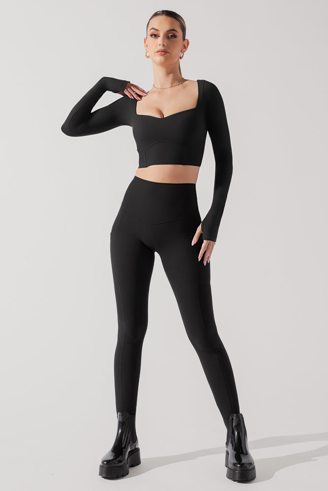 Sweetheart Long Sleeve Crop Top - Black by POPFLEX®