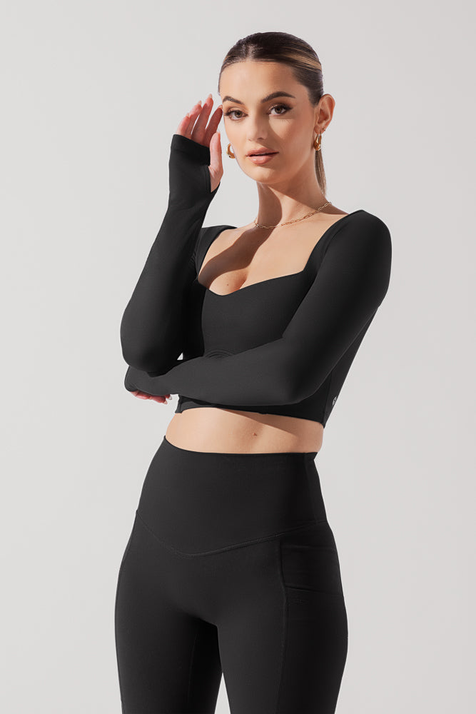 Sweetheart Long Sleeve Crop Top - Black by POPFLEX®