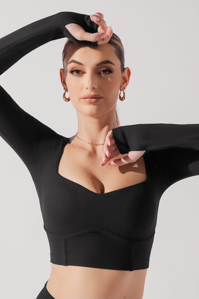 Sweetheart Long Sleeve Crop Top - Black by POPFLEX®