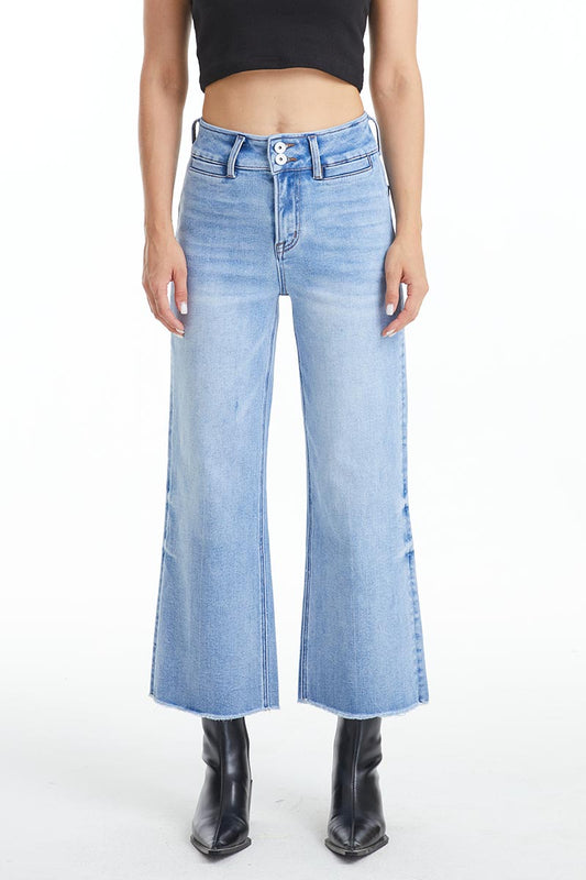 HIGH RISE WIDE LEG JEANS WITH RAW HEM BYW8123 LB by Bayeas