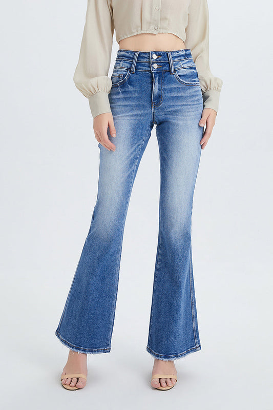 HIGH RISE FLARE JEANS WITH CLEAN HEM BYF1074 by Bayeas