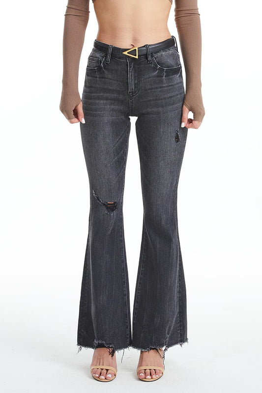 MID RISE FLARE JEANS WITH RAW EDGE HEM BYF1018-1 by Bayeas