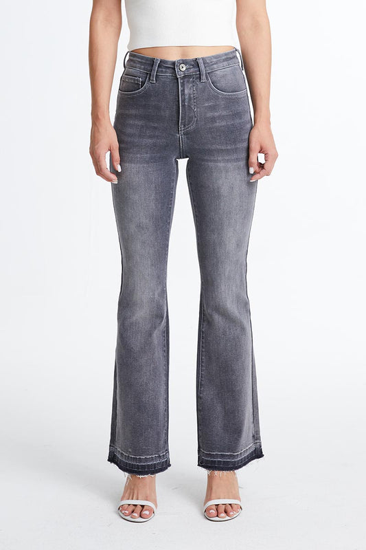 HIGH RISE FLARE LEG JEANS WITH RAW HEM BYF1110 GREY by Bayeas