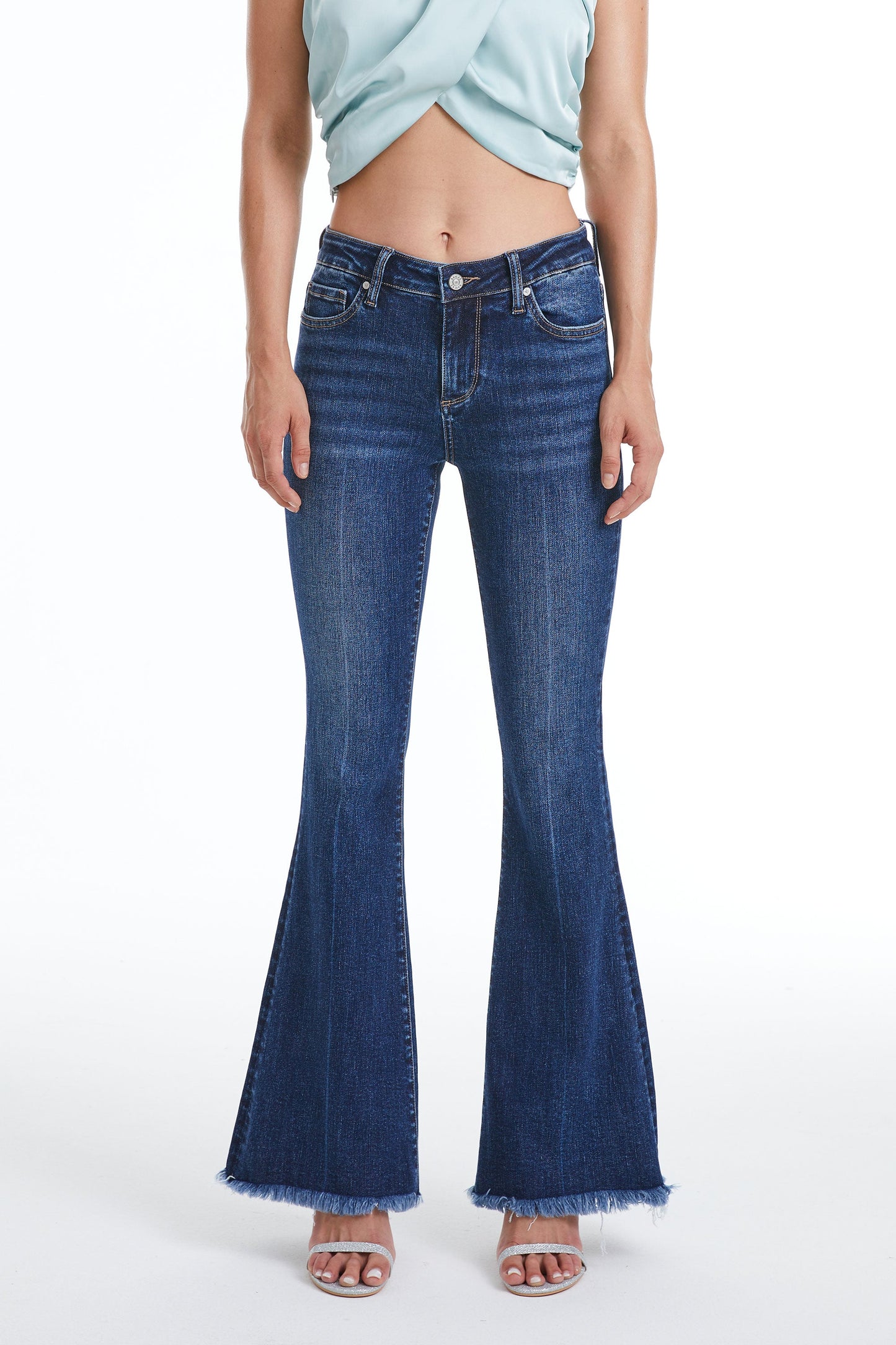 HIGH RISE FLARE JEANS WITH FRAYED HEM BYF1119 by Bayeas