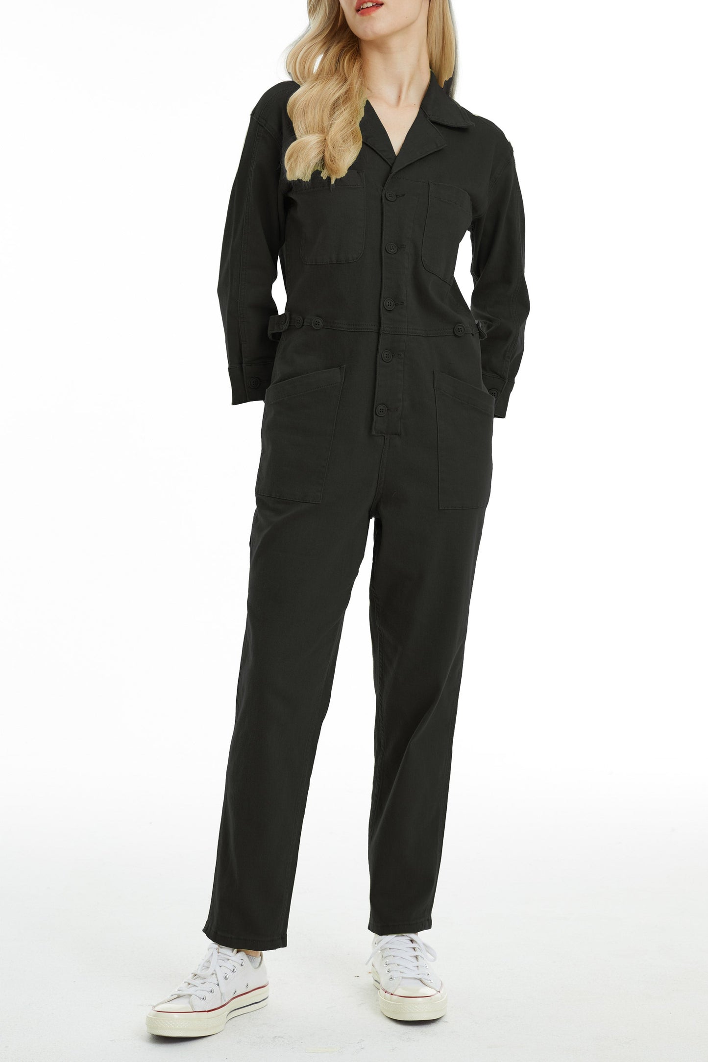 LONG SLEEVE JUMPSUIT WITH FRONT PATCH POCKETS BYRJ001 BK by Bayeas