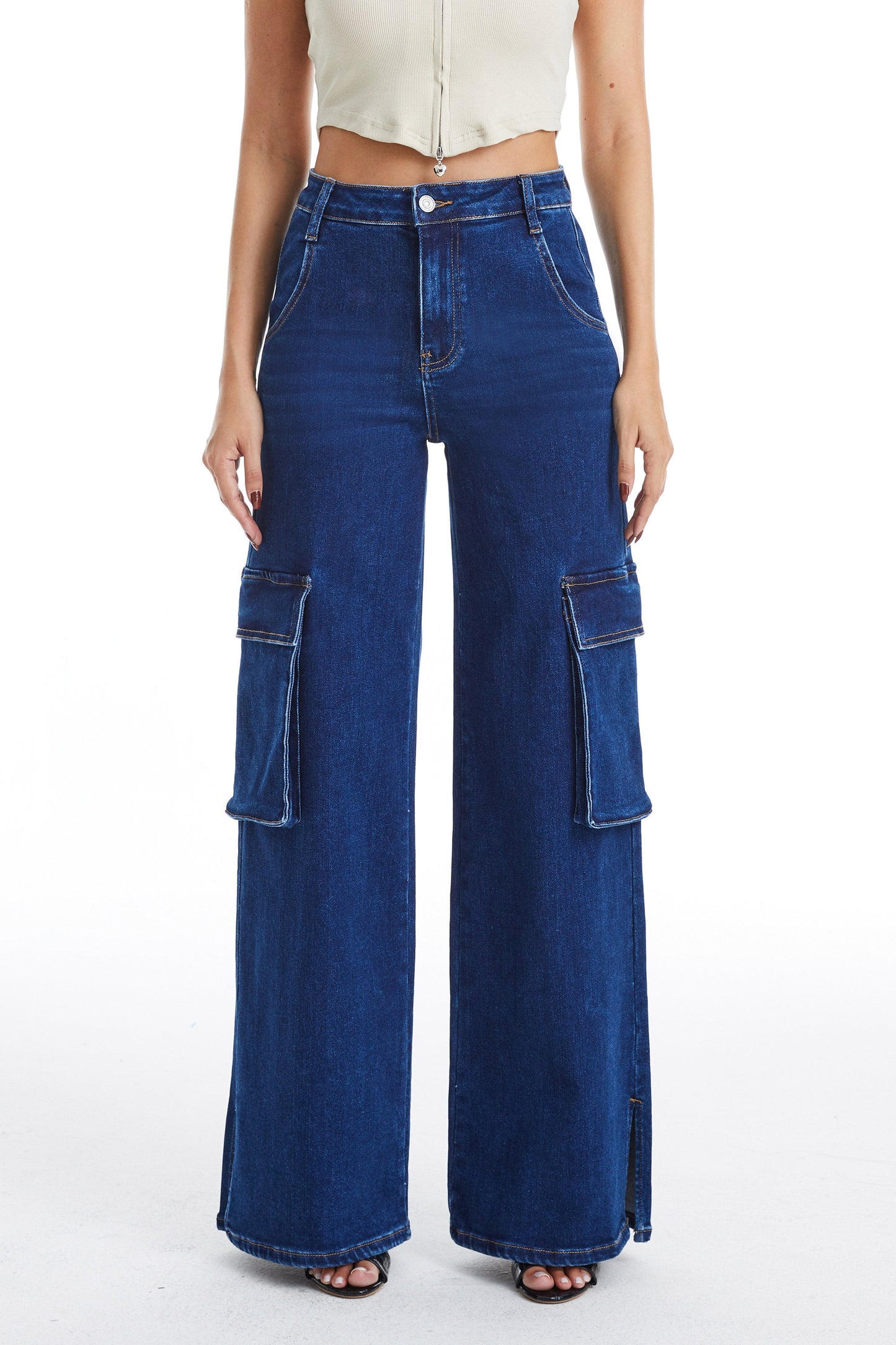 HIGH RISE WIDE LEG FLARE JEANS BYW8105 DB by Bayeas