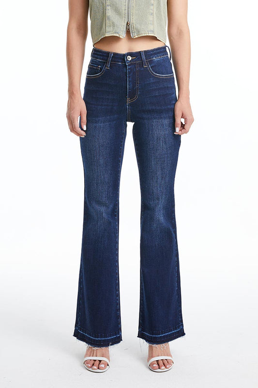 HIGH RISE FLARE LEG JEANS WITH RAW HEM BYF1110 DB by Bayeas