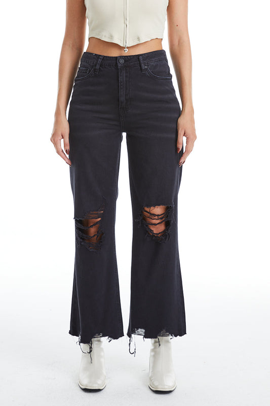 HIGH RISE VINTAGE CROP FLARE JEANS BYF1103 BLACK by Bayeas