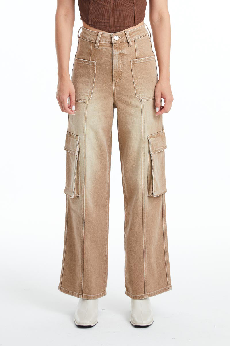 HIGH RISE CARGO STRAIGHT WIDE LEG JEANS BYW8107 KHAKI by Bayeas