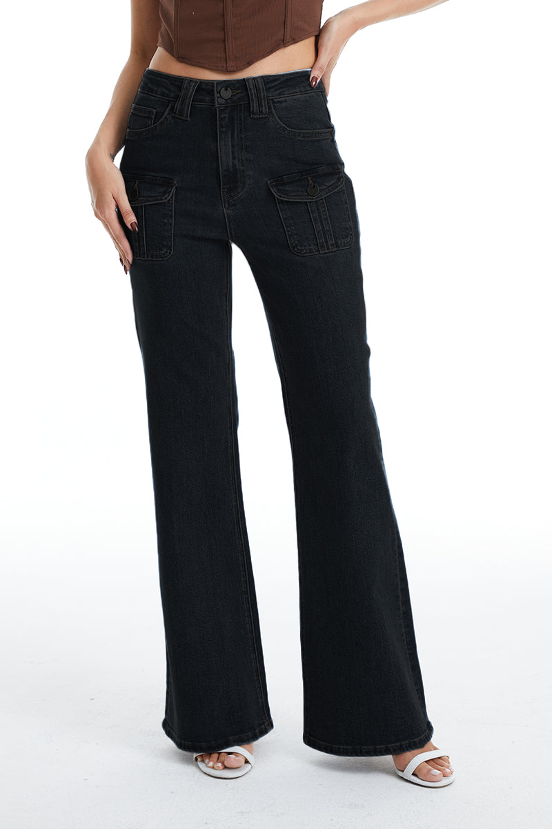 HIGH RISE RELAXED FLARE WITH FRONT CARGO POCKETS BYF1097 BLACK by Bayeas