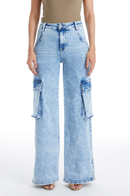 HIGH RISE WIDE LEG FLARE JEANS BYW8105 LB by Bayeas